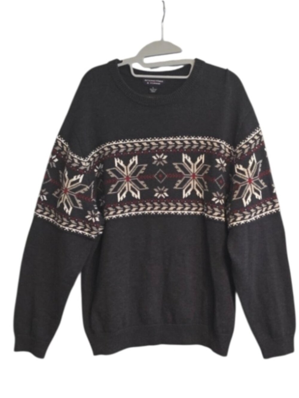 Roundtree and Yorke Fair Isle Crewneck Sweater Cotton Charcoal Gray Academia